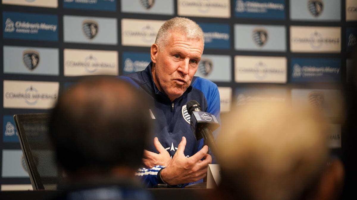 Sporting Kansas City manager Peter Vermes answers questions from media at Children’s Mercy Park on March 7, 2023.