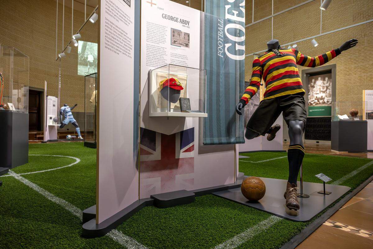Artifacts from “The Beautiful Game,” a new exhibition highlighting the role of soccer during World War I, are displayed at the National WWI Museum and Memorial on Wednesday, April 1, 2026, in Kansas City.