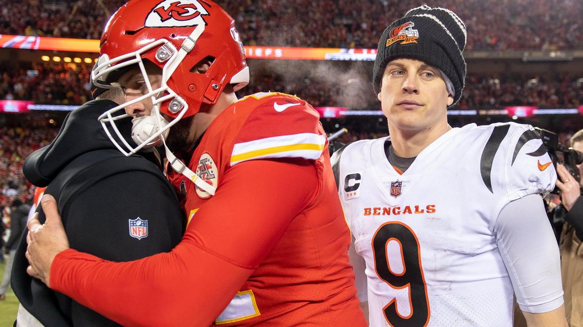Cincinnati Bengals quarterback Joe Burrow (9) walks off the field after losing 23-20 to the Kansas City Chiefs in the AFC Championship NFL football game at GEHA Field at Arrowhead Stadium on Sunday, Jan. 29, 2023, in Kansas City.