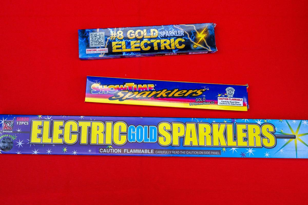 Various types of sparklers are displayed during a fireworks safety news conference at the Kansas City, Kansas, Fire Department Headquarters on Friday, June 27, 2025, in Kansas City, Kansas. Fire officials emphasized the risks of consumer fireworks ahead of the July 4th holiday, warning that even common items like sparklers can cause serious injuries.