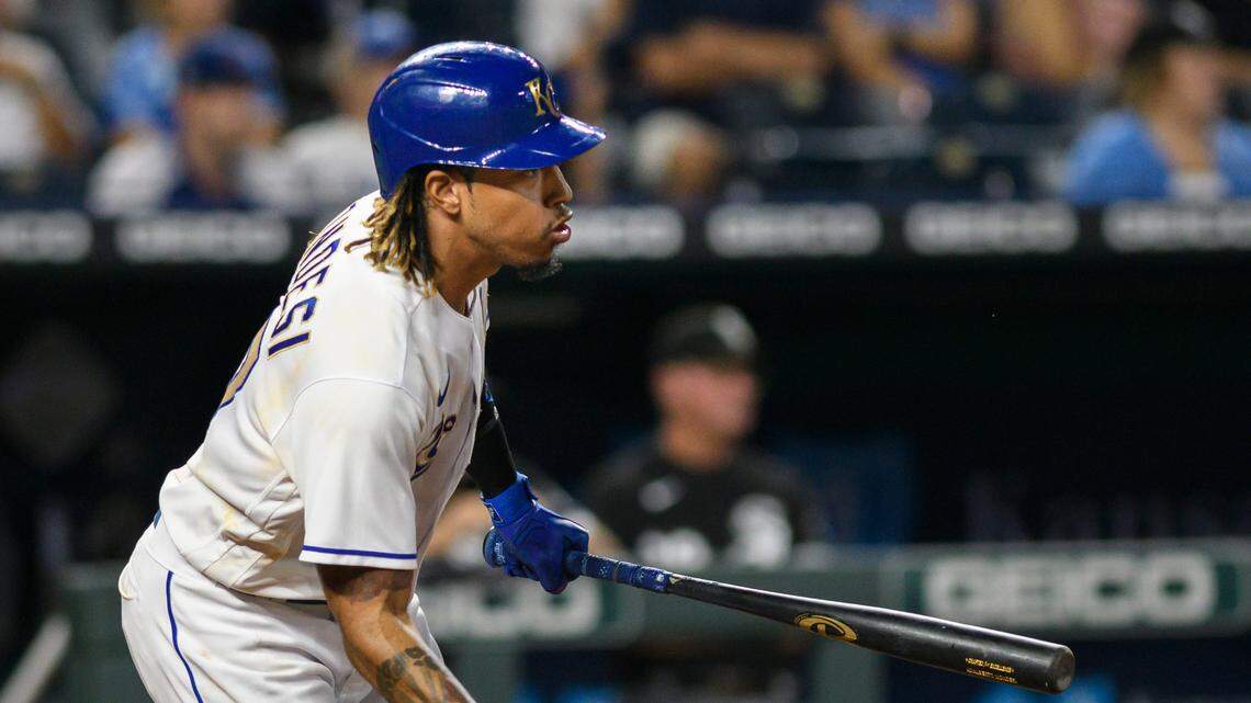 Kansas City Royals’ Adalberto Mondesi watches his three-run double against the Chicago White Sox during the third inning of a baseball game, Friday, Sept. 3, 2021, in Kansas City, Mo.