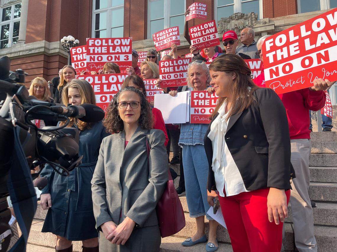 Mary Catherine Martin, center, an attorney from the conservative law firm Thomas More Society, stands in front of the Missouri Supreme Court after arguments in a case deciding the future of an abortion rights amendment. She stood with Sen. Mary Elizabeth Coleman, an Arnold Republican, left, and Rep. Hannah Kelly, a Mountain Grove Republican, right.