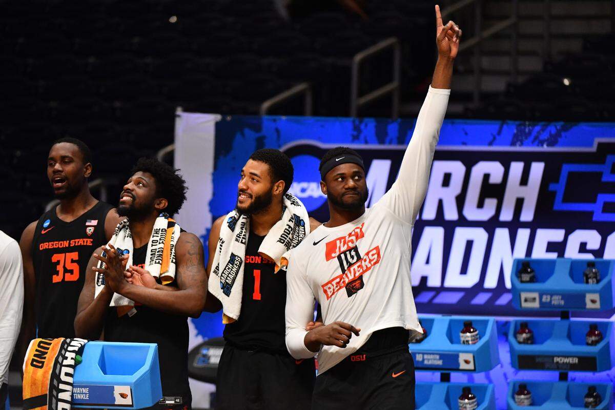 The Oklahoma State Cowboys lost to the Oregon State Beavers in the second round of the 2021 NCAA Division I Men’s Basketball Tournament held at Hinkle Fieldhouse on March 21, 2021 in Indianapolis, Indiana. (Photo by Brett Wilhelm/NCAA Photos via Getty Images)