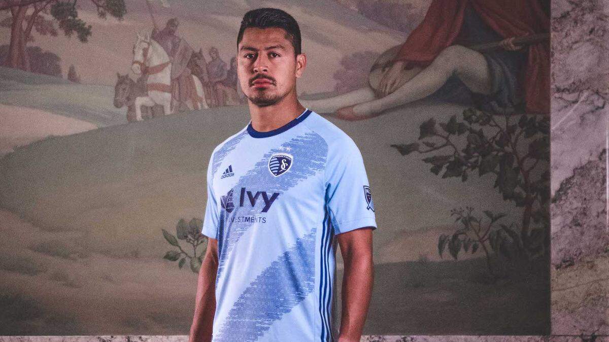 Roger Espinoza dons the new Sporting KC primary jersey.