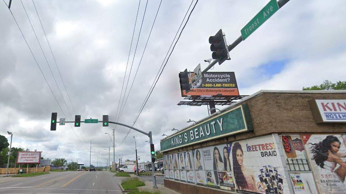 One person was seriously injured Sunday, April 24, 2022, when the vehicle they were driving crashed into a building in the area of East 77th Street and Troost Avenue in Kansas City. A Google Maps street view image from May 2021 shows the general area.