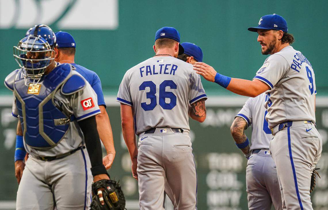 Kansas City Royals pitcher Bailey Falter (36) on the mound with teammates as they take on the Boston Red Sox in the first inning at Fenway Park on Aug. 4, 2025.