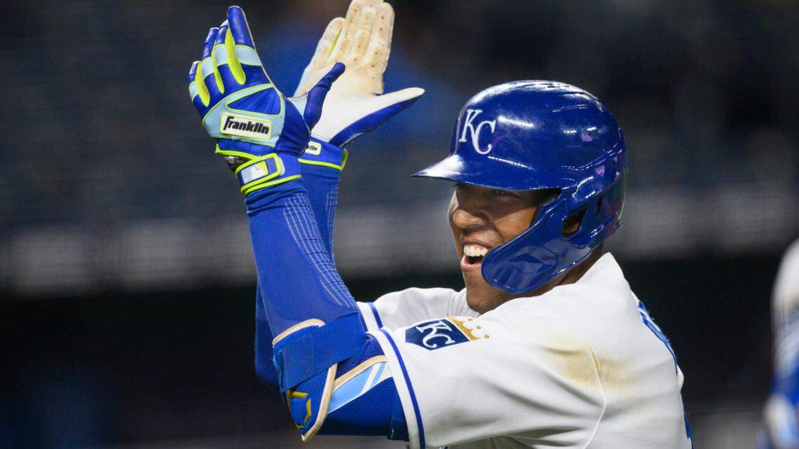 Kansas City Royals Salvador Perez celebrates after hitting a home run to give the Royals a lead over the Cleveland Indians during the fifth inning of a baseball game Tuesday, May 4, 2021, in Kansas City, Mo. (AP Photo/Reed Hoffmann)