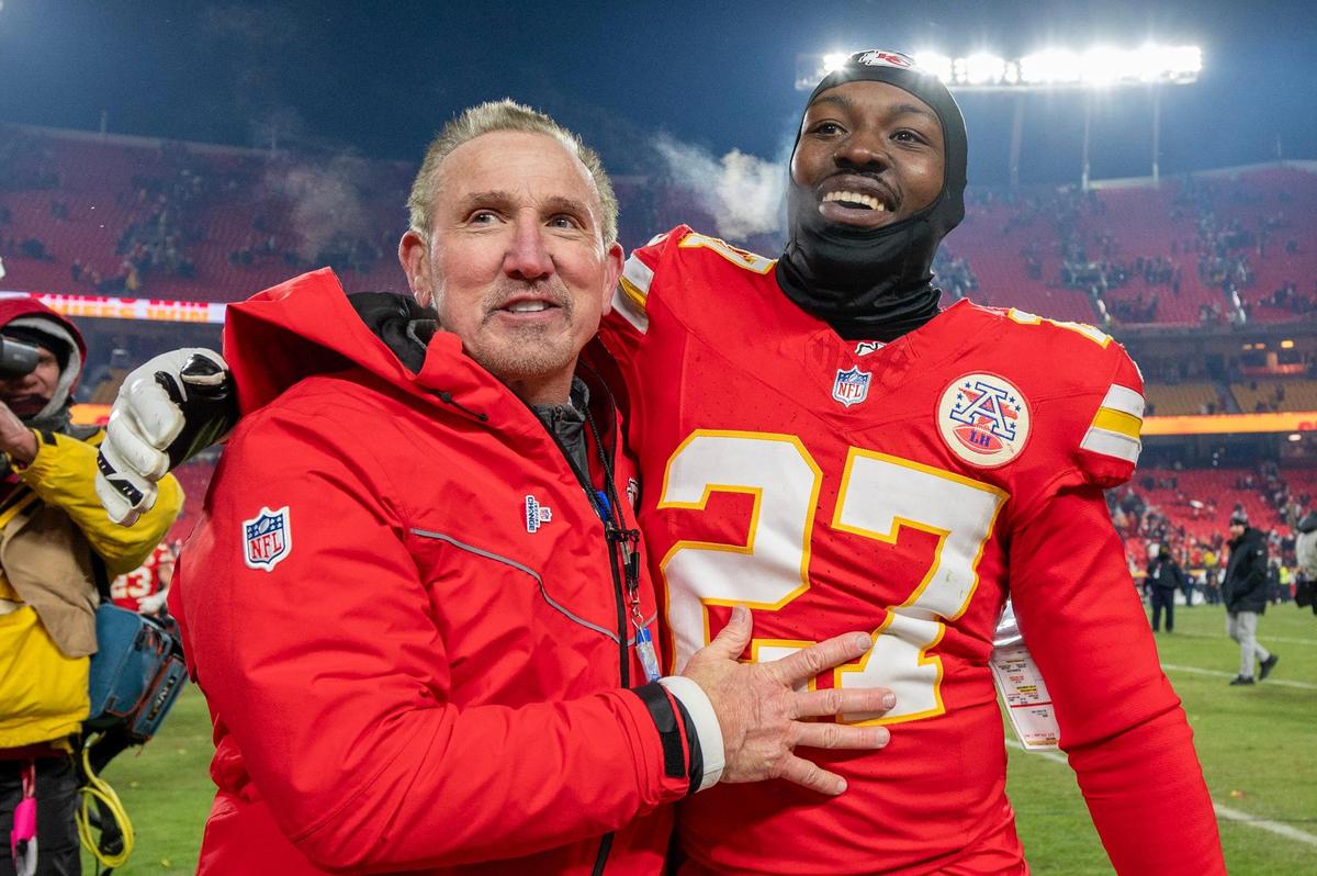 Kansas City Chiefs defensive coordinator Steve Spagnuolo embraces safety Chamarri Conner (27) while walking off the field after the 23-14 victory against the Houston Texans in the AFC Divisional Round playoff game on Saturday, Jan. 18, 2025, at GEHA Field at Arrowhead Stadium.