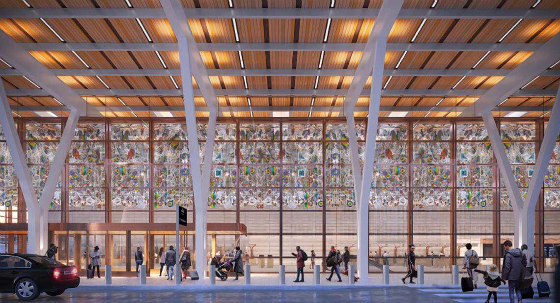 “The Air Up There” by artist Nick Cave is a kinetic sculpture made from thousands of colorful wind spinners consisting of icons of bluebirds, ice cream, turtles, fountains and honeybees. The artwork, which will be on the ceiling of the Check-In Hall, will move with the air currents.