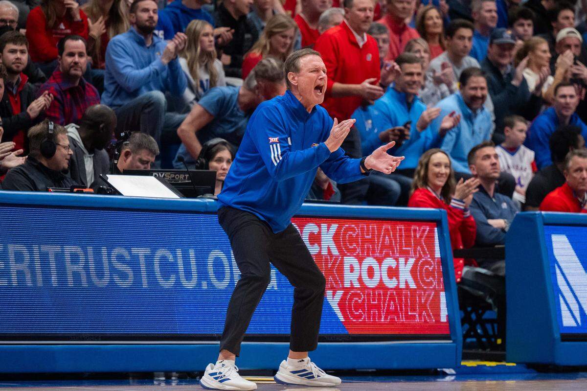 Kansas Jayhawks head coach Bill Self yells encouragement to his team in the first half of the Jayhawks game vs. the Baylor Bears on Friday, January 16, 2026, at Allen Fieldhouse.