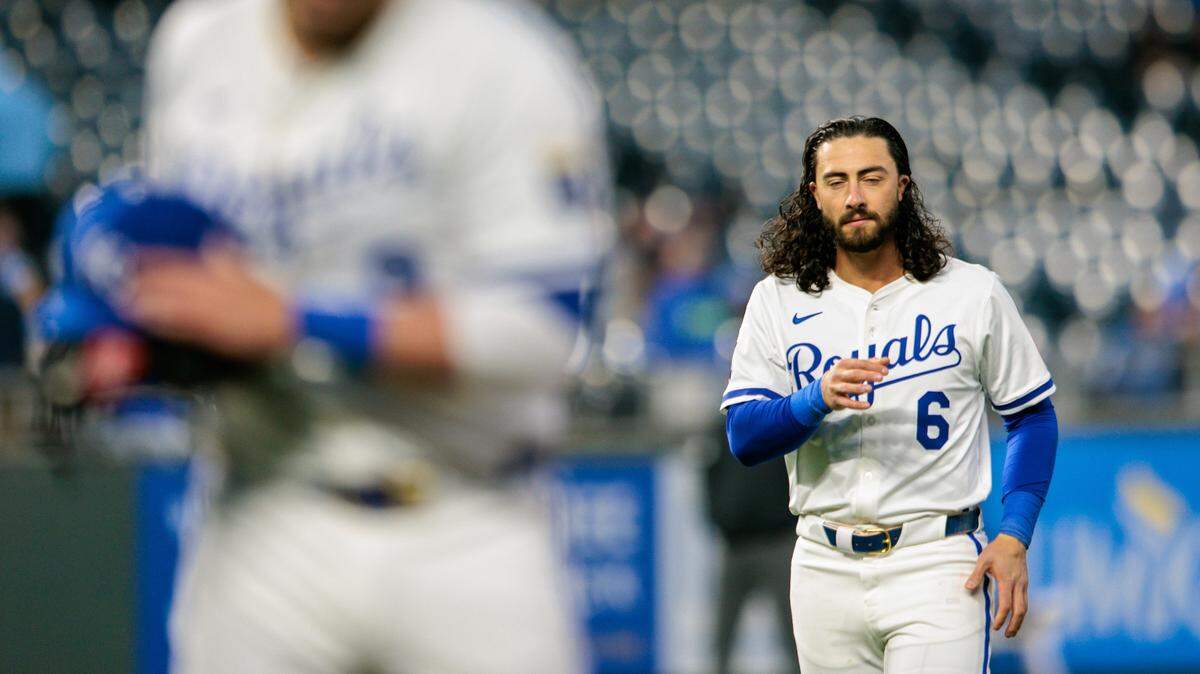 Kansas City Royals leadoff hitter Jonathan India (6) on the field during the third inning against the Minnesota Twins at Kauffman Stadium on April 7, 2025.
