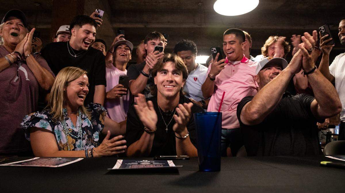 Former Sinton teammates and family cheer for Blake Mitchell after being picked No. 8 in the MLB Draft by the Kansas City Royals on Sunday, July 9, 2023, in Sinton, Texas.