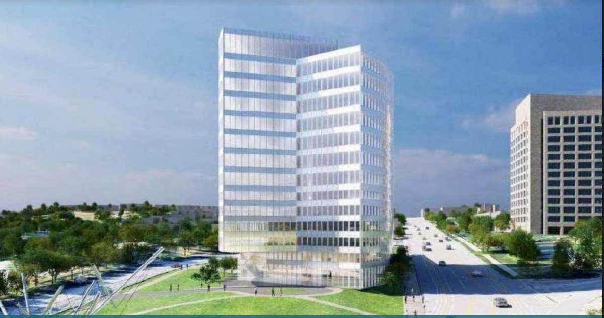 This rendering shows a proposed office tower for 2700 Grand Avenue built for Fidelity Security Life Insurance, which is currently headquartered less than a mile away at 3130 Broadway Boulevard.