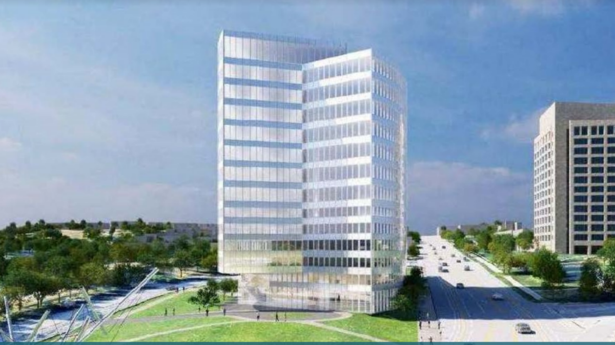 This rendering shows a proposed office tower for 2700 Grand Avenue built for Fidelity Security Life Insurance, which is currently headquartered less than a mile away at 3130 Broadway Boulevard.