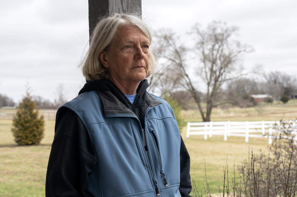Carol Peterson stands in her outdoor patio for a portrait on Saturday, March 7, 2026, in Spring Hill, Kansas.