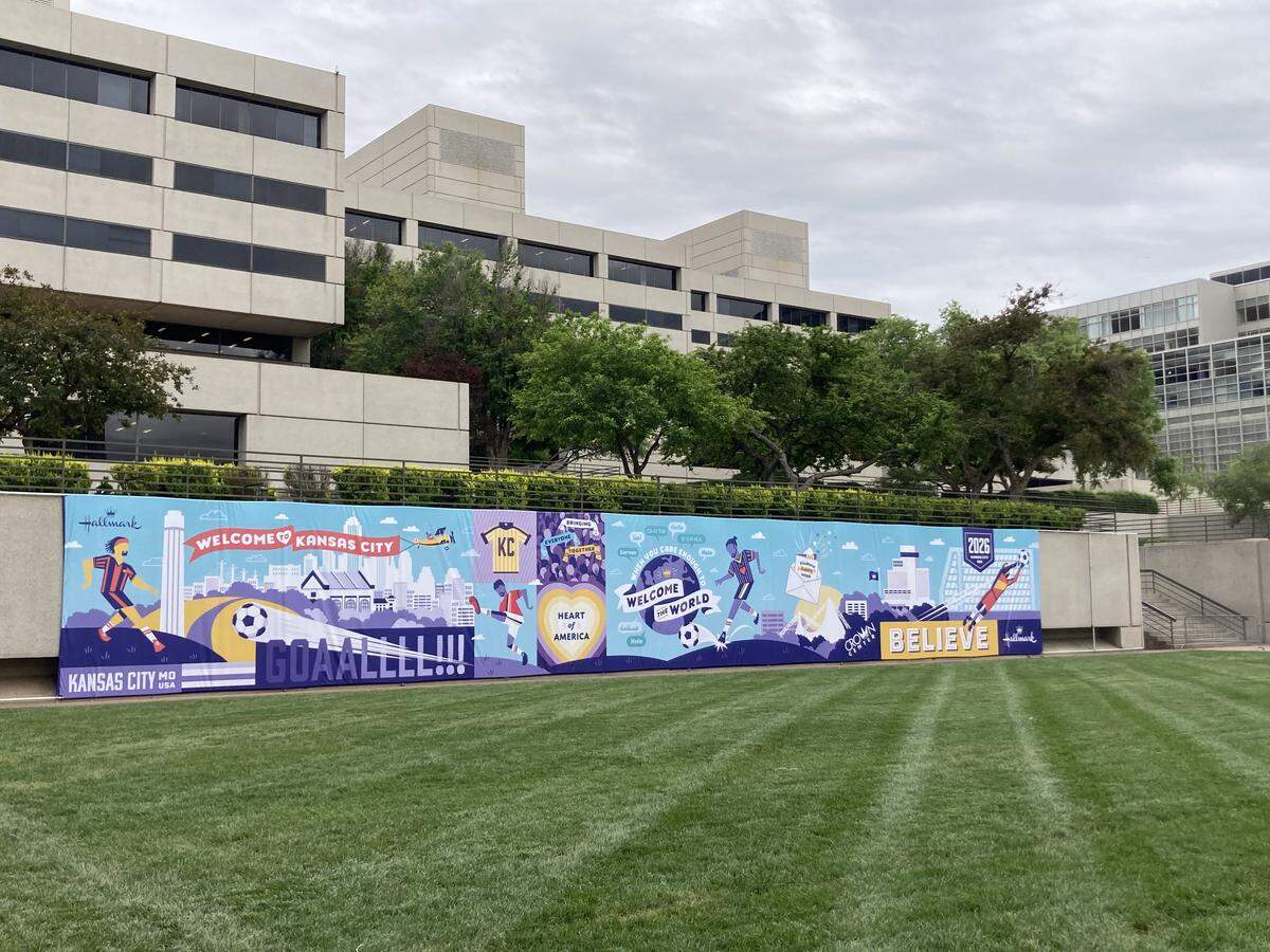 A 90-foot World Cup mural at Crown Center near the Ice Terrace.