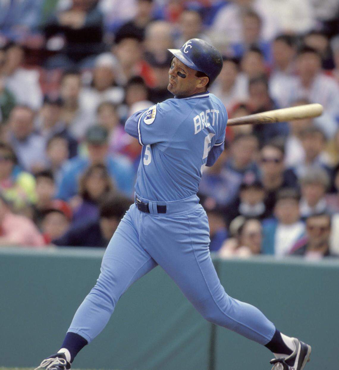 Kansas City Royals first baseman George Brett in action against the Boston Red Sox at Fenway Park on April 16, 1991.