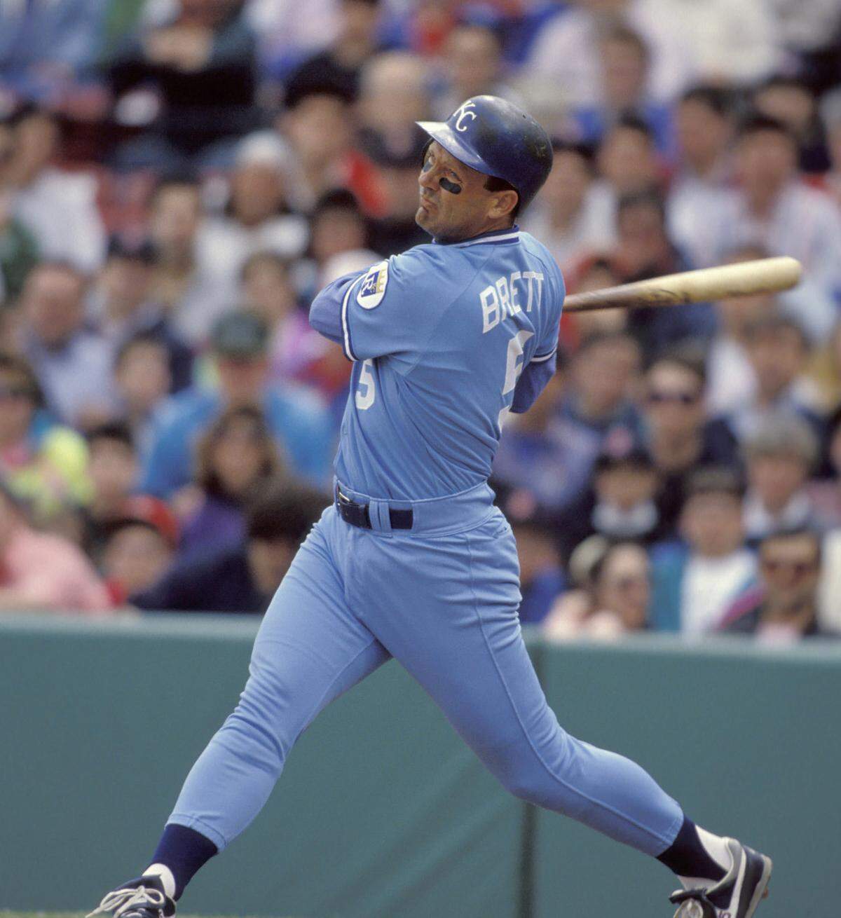 Kansas City Royals first baseman George Brett in action against the Boston Red Sox at Fenway Park on April 16, 1991.