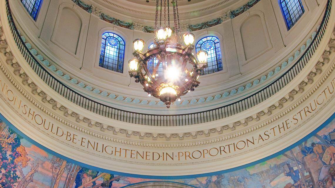 An inscription on the rotunda of the Missouri State Capitol in Jefferson City quotes George Washington’s Farewell Address: “In proportion as the structure of a government gives force to public opinion, it is essential that public opinion should be enlightened.” Interior image of Jefferson City Missouri Capitol Building