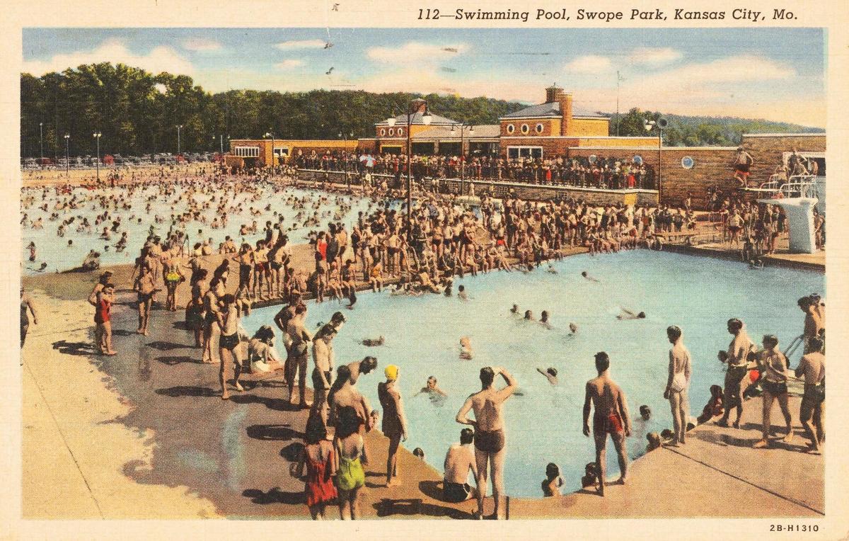 A postcard shows a scene from the Swope Park swimming pool before it was desegregated.