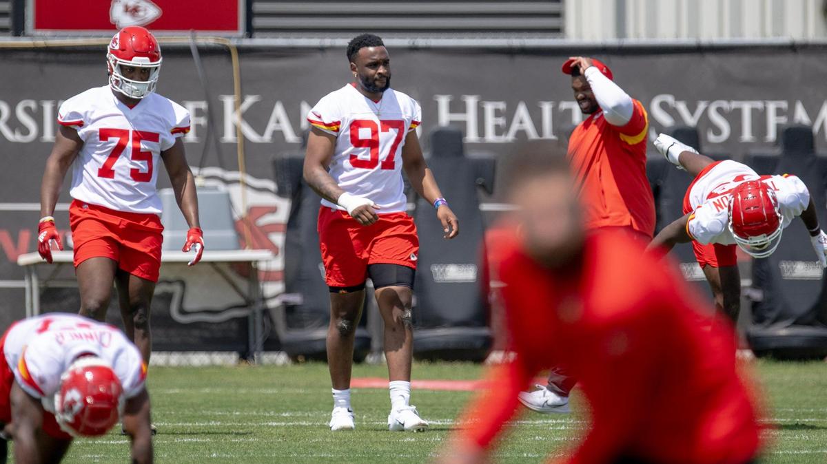 Kansas City Chiefs first-round pick and defensive lineman Felix Anudike-Uzomah (97) warms up during a Chiefs rookie minicamp practice on Saturday, May 6, 2023, in Kansas City. Anudike-Uzomah played college football at Kansas State and grew up in Kansas City as a Chiefs fan.