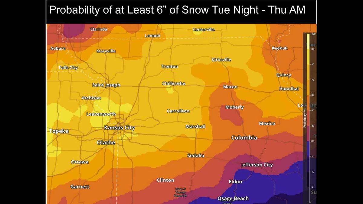 The second of back-to-back winter storms this week in Kansas City is expected to be the strongest, according to the National Weather Service. There is potential for 5-10 inches of snow across much of the area, with some areas seeing higher amounts. This looks graphic looks at the probability of snow exceeding 6 inches. This graphic was prepared Sunday morning and the forecast can change.