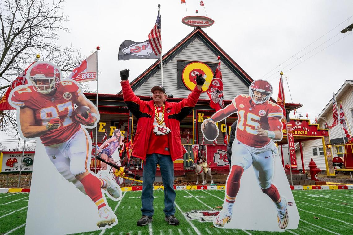 Dennis Basye, a dedicated Kansas City Chiefs super fan in Sedgwick, Kansas, has been collecting Chiefs merchandise for five years, annually enhances his house display with new additions.