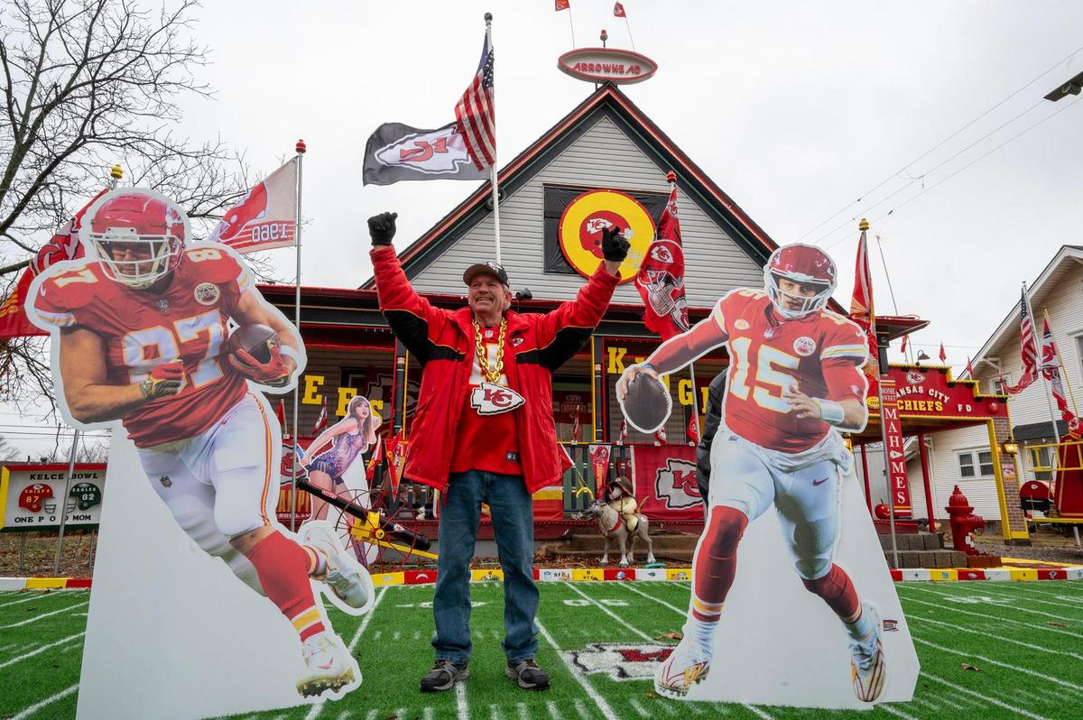 Dennis Basye, a dedicated Kansas City Chiefs super fan in Sedgwick, Kansas, has been collecting Chiefs merchandise for five years, annually enhances his house display with new additions.