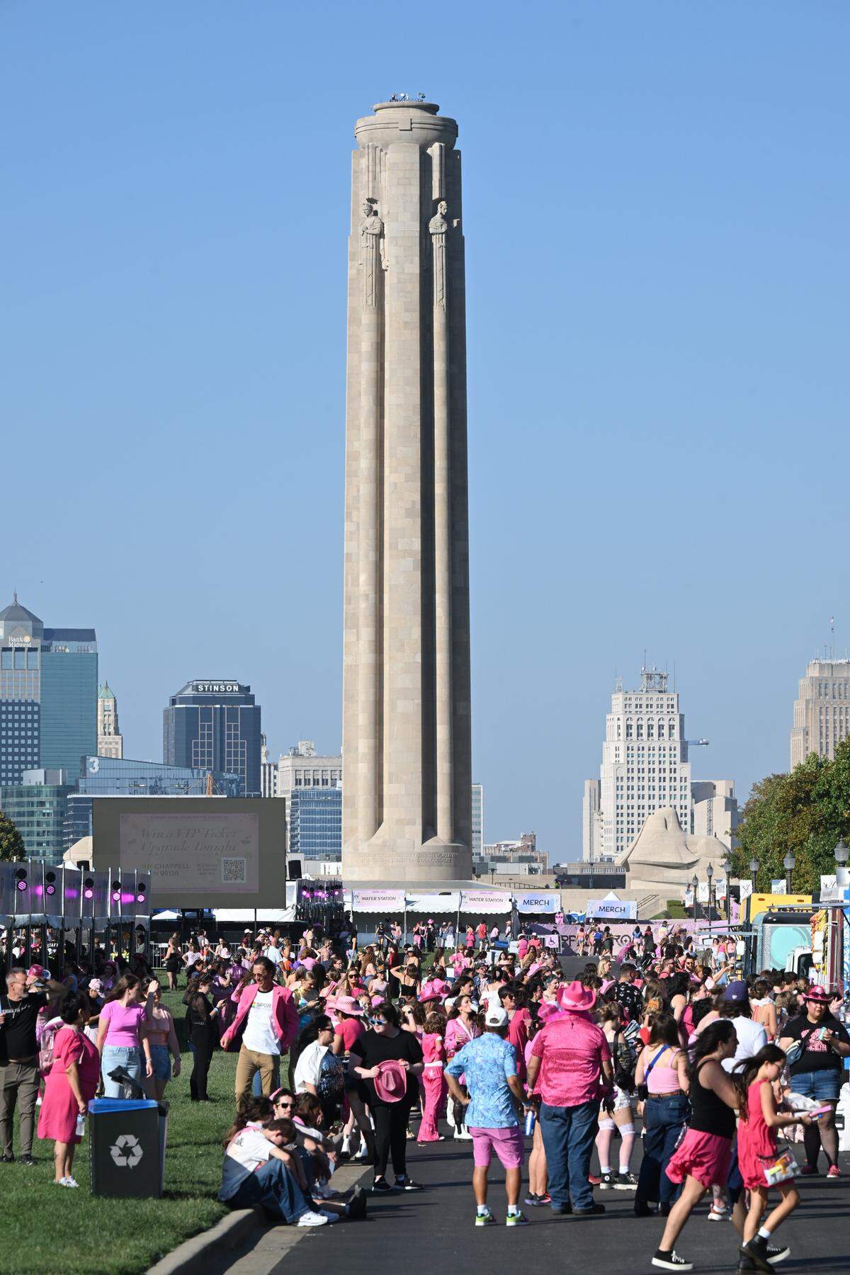 The Liberty Memorial tower stood tall over pink-clad fans before the Chappell Roan concert on Saturday, Oct. 4, 2025, at the National WWI Museum and Memorial in Kansas City.