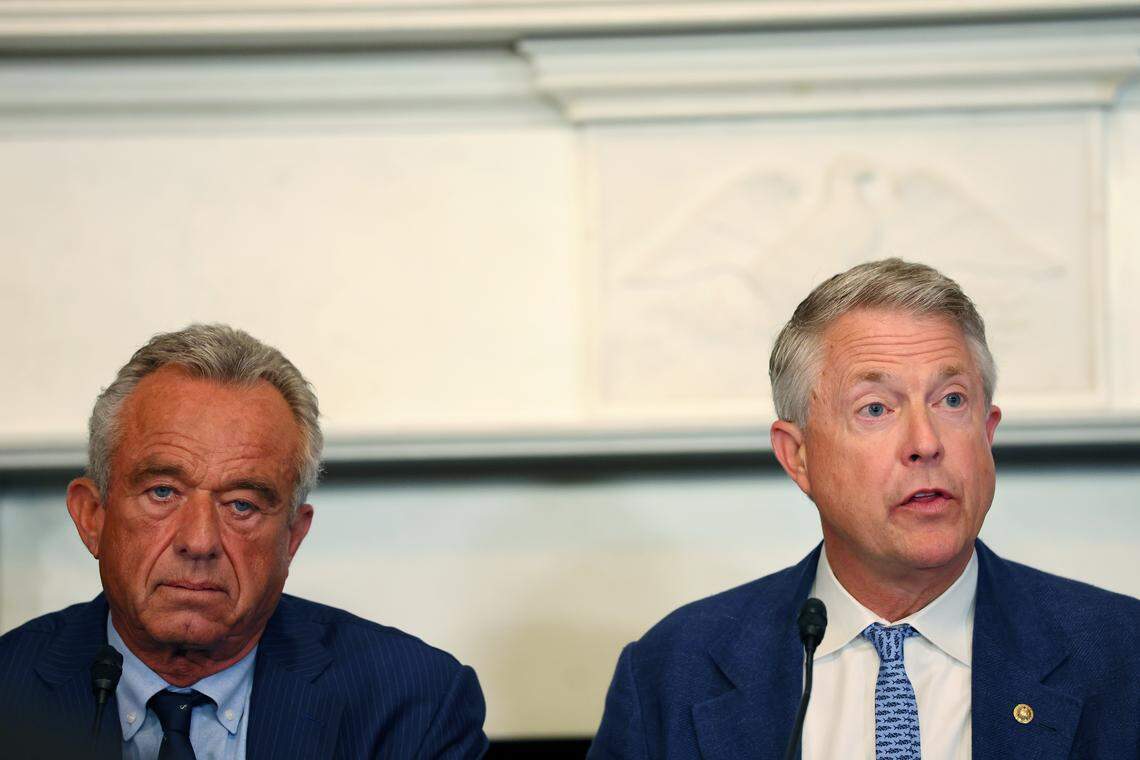WASHINGTON, DC - JULY 15: Health and Human Services (HHS) Secretary Robert F. Kennedy Jr. listens as U.S. Sen. Roger Marshall (R-KS) speaks during a roundtable discussion on soil health in the Mike Mansfield Room at the U.S. Capitol on July 15, 2025 in Washington, DC. Marshall, who created the Senate MAHA Caucus, was joined by Health and Human Services (HHS) Secretary Robert F. Kennedy Jr. and U.S. Secretary of Agriculture Brooke L. Rollins to discuss his Plant Biostimulant Act, which creates a process for approving the commercial use of plant biostimulants as alternatives to synthetic pesticides and fertilizers. (Photo by Michael M. Santiago/Getty Images)