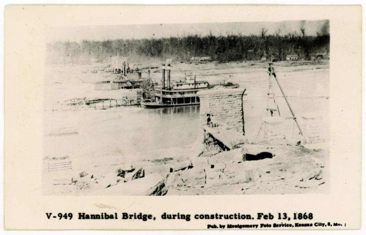 The Hannibal Bridge under construction on Feb. 13, 1868.