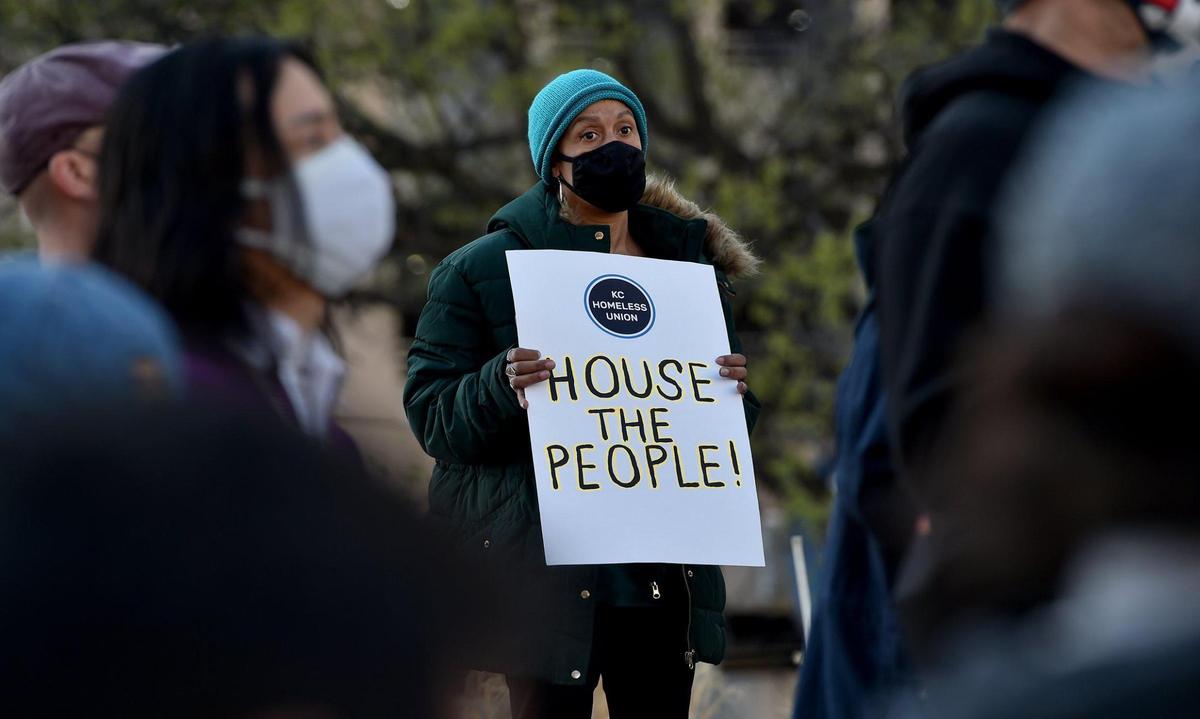 Rachel Vasquez, a former homeless veteran who recently relocated to Kansas City from Cleveland, Ohio, attended the rally. KC Homeless Union holds a rally Thursday, April 1, 2021, to protest what they say is a notice to vacate the grounds of City Hall. KC Tenants join them.