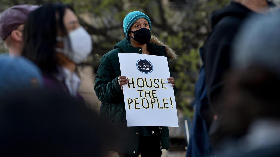 Rachel Vasquez, a former homeless veteran who recently relocated to Kansas City from Cleveland, Ohio, attended the rally. KC Homeless Union holds a rally Thursday, April 1, 2021, to protest what they say is a notice to vacate the grounds of City Hall. KC Tenants join them.