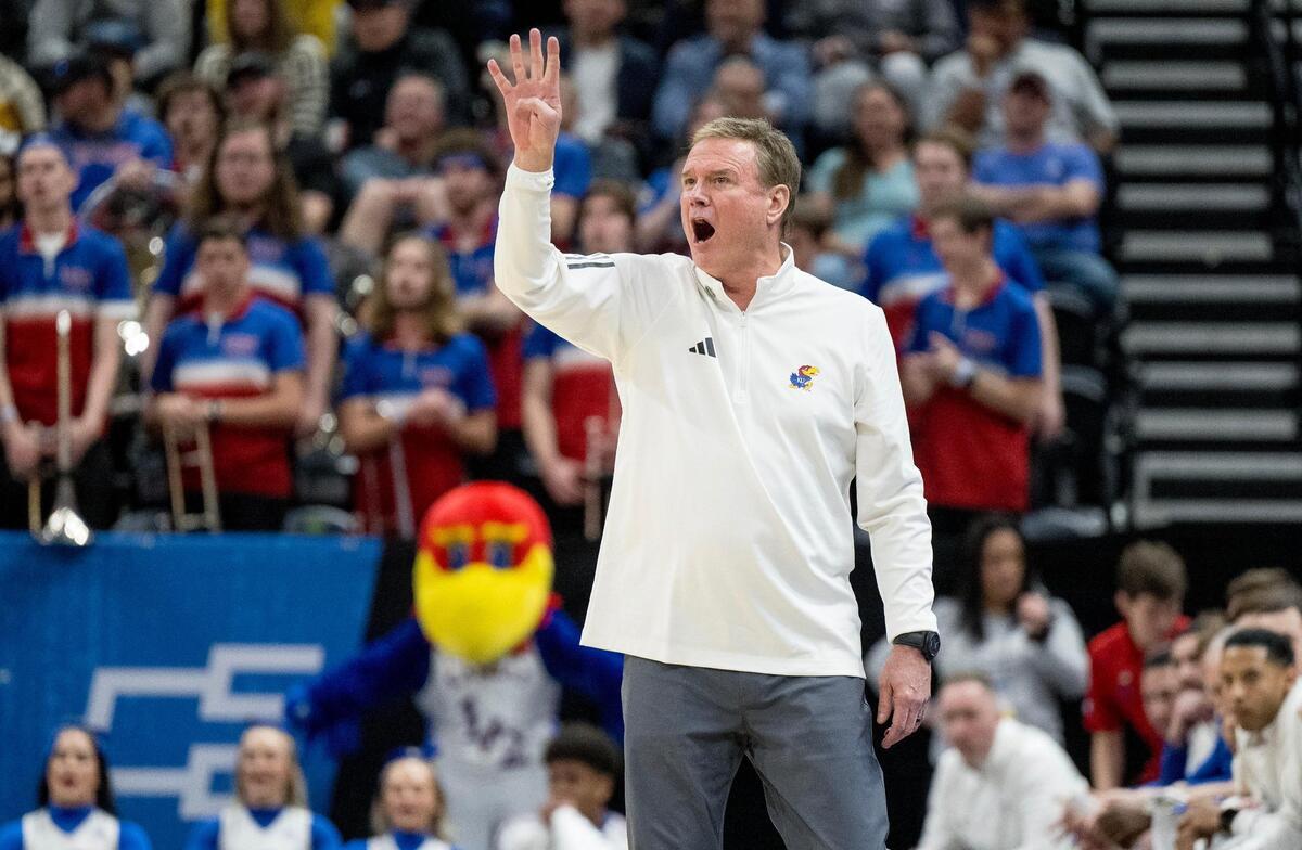 Kansas Jayhawks head coach Bill Self calls a play during a men’s college basketball game against the Samford Bulldogs in the first round of the NCAA Tournament on Thursday, March 21, 2024, in Salt Lake City, Utah.