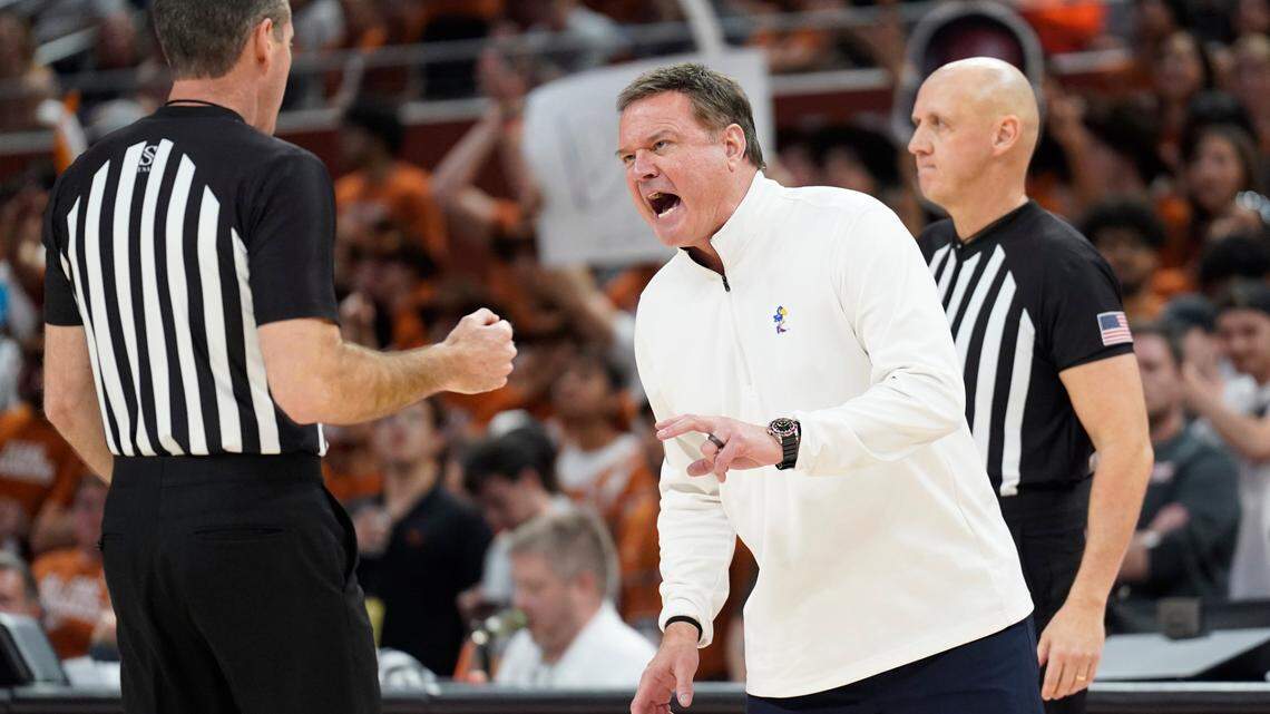 Kansas Jayhawks head coach Bill Self argues with an official during the second half against the Texas Longhorns at Moody Center on March 4, 2023.