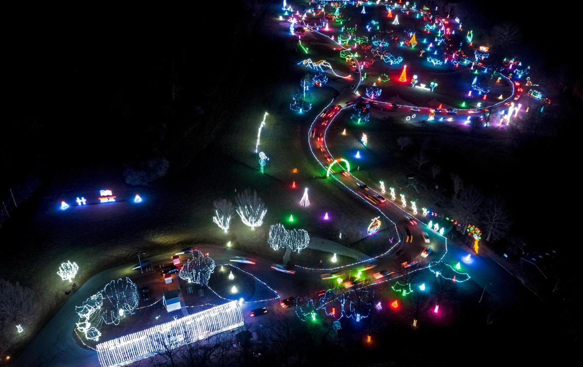 Seen from above, the Christmas in the Park light display at Longview Lake is a colorful loop of lighted displays that attracts thousands of visitors every year.