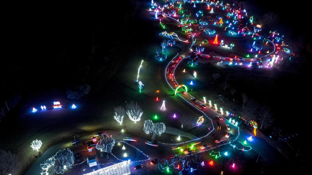 Seen from above, the Christmas in the Park light display at Longview Lake is a colorful loop of lighted displays that attracts thousands of visitors every year.