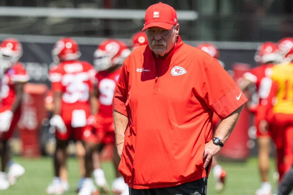 Kansas City Chiefs head coach Andy Reid watches his team during drills on the first day of minicamp, Tuesday, June 9, 2026, in Kansas City.