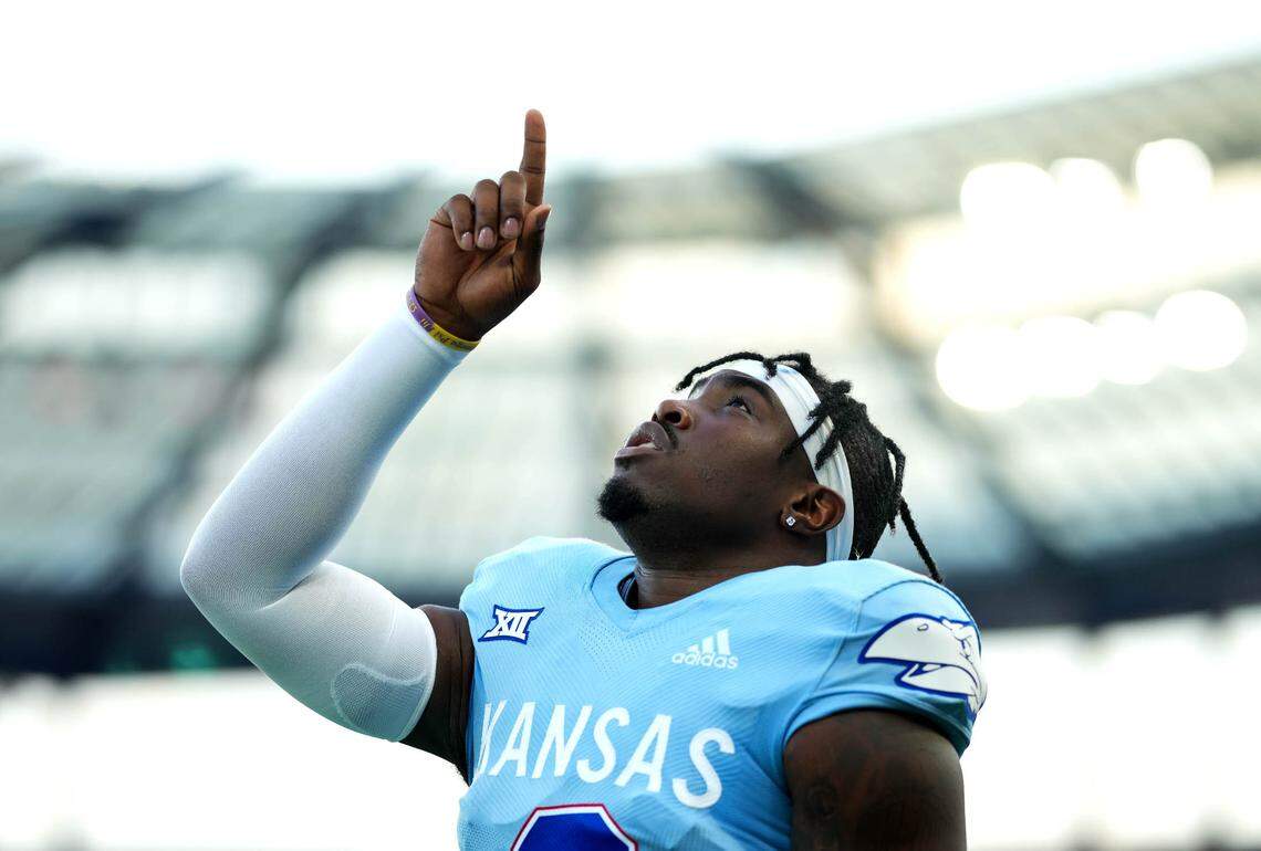 Kansas Jayhawks quarterback Jalon Daniels (6) gets ready before the first half against the Lindenwood Lions at Children’s Mercy Park in Kansas City on Aug. 29, 2024.