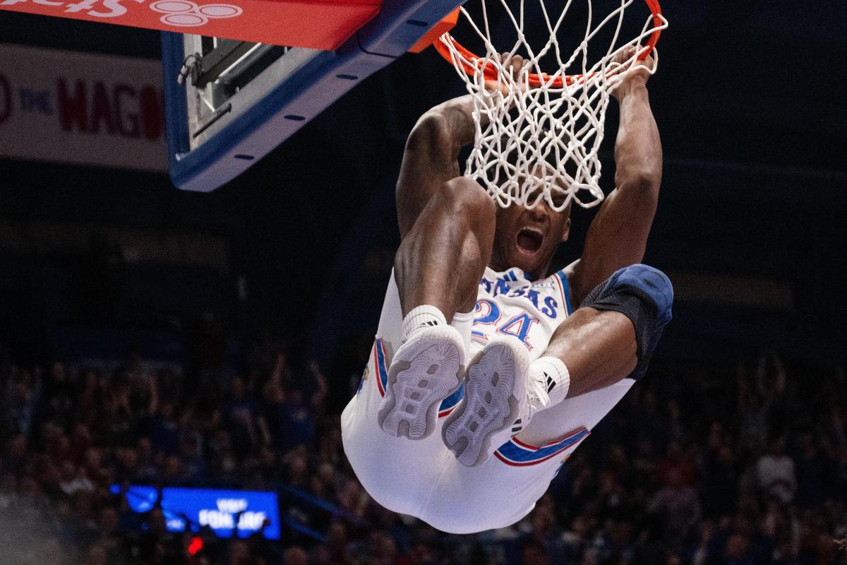 Kansas Jayhawks forward KJ Adams Jr. dunks on North Carolina during a clash of ranked men’s basketball teams at Allen Fieldhouse on Friday, Nov. 8, 2024.