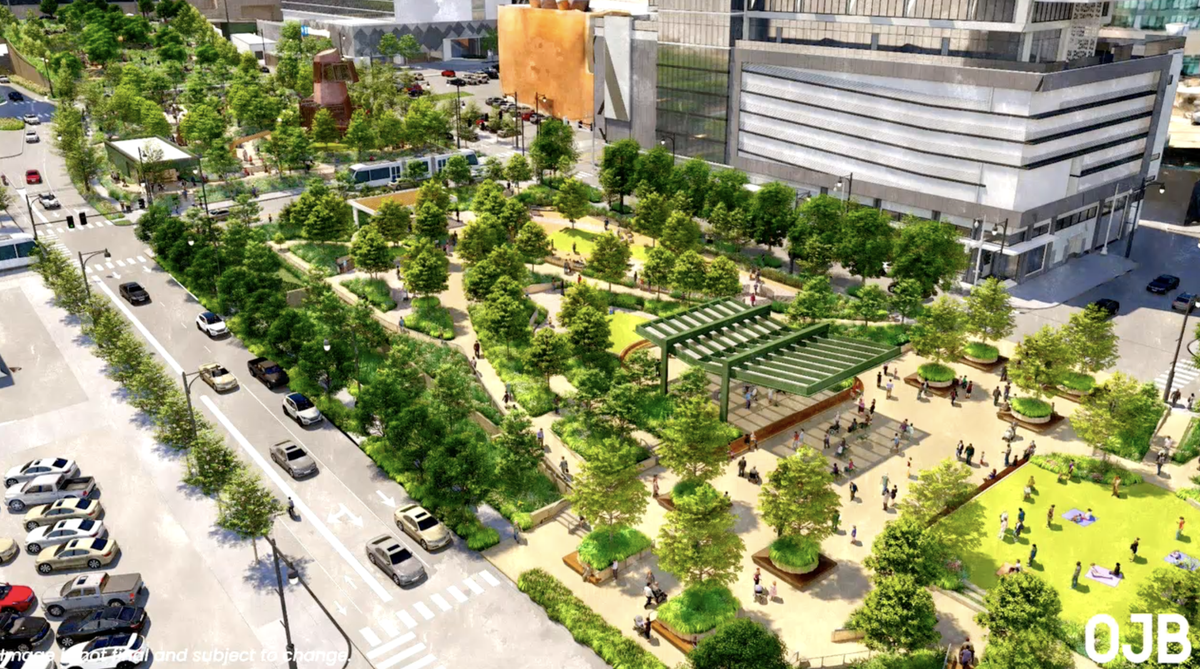 A rendering shows the future Luminary Park, which will be built over Interstate 670 in downtown Kansas City.