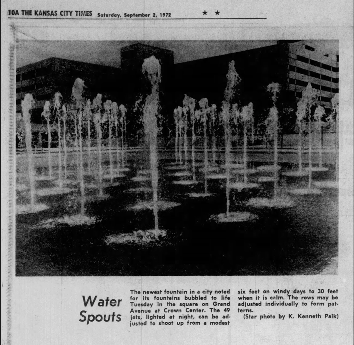 A newspaper spot announced the opening of the Crown Center fountains in a Sept. 2, 1972 edition of The Kansas City Times.
