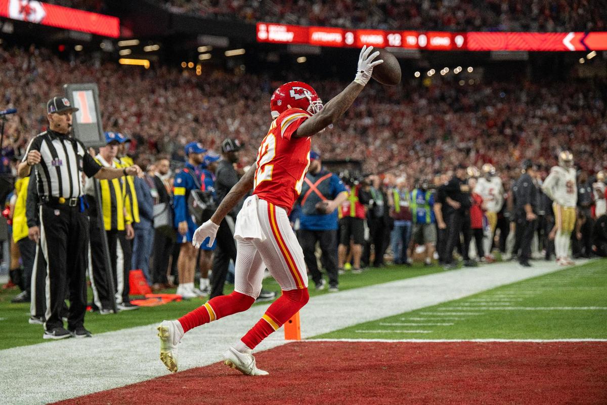 Kansas City Chiefs wide receiver Mecole Hardman Jr. (12) scored the winning touchdown in overtime to beat the San Francisco 49ers, 25-22, in Super Bowl LVIII on Sunday, Feb. 11, 2024, in Las Vegas.