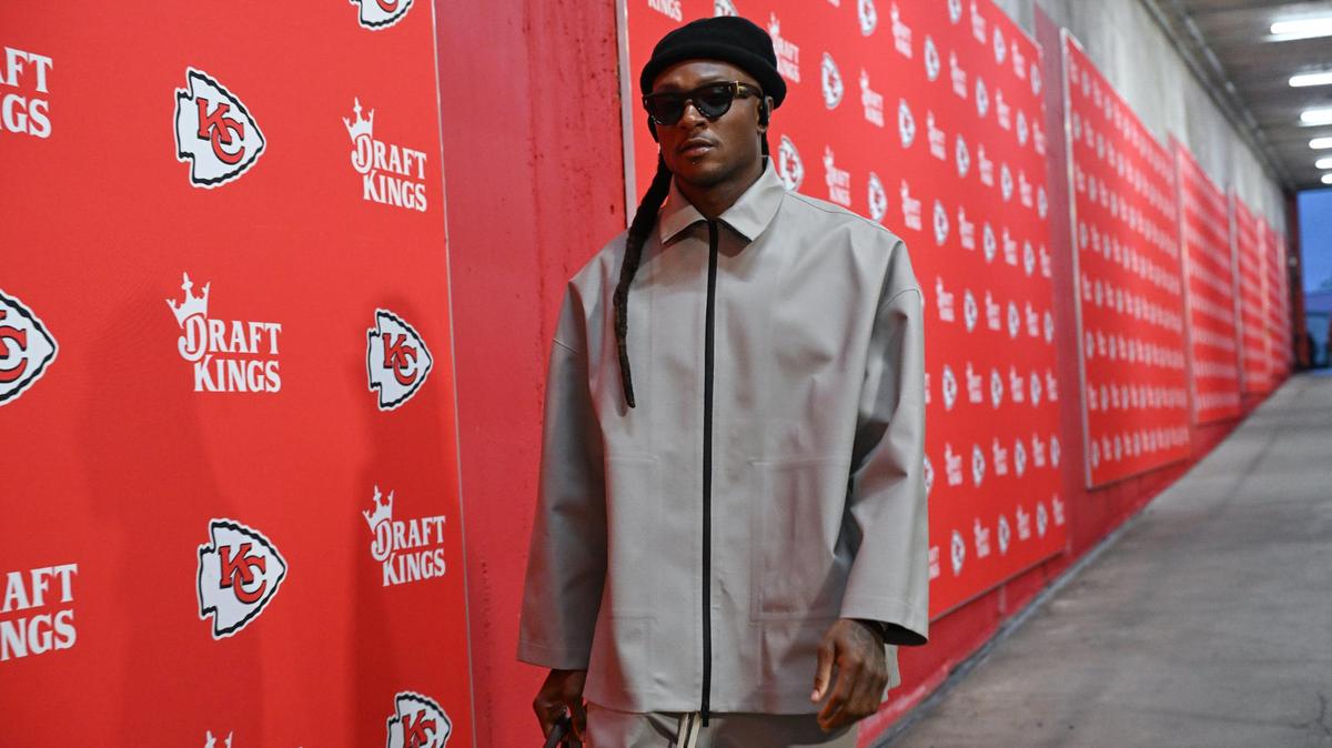 Kansas City Chiefs wide receiver DeAndre Hopkins arrives before the “Monday Night Football” game with the Tampa Bay Buccaneers on Monday at GEHA Field at Arrowhead Stadium. It was his first home game with the team.