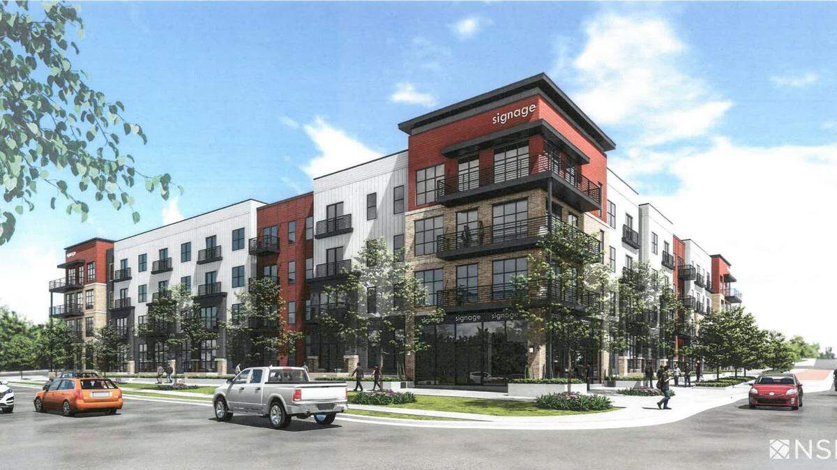 Concept renderings of an apartment building being proposed at Oak and Front streets in Bonner Springs, Kansas.