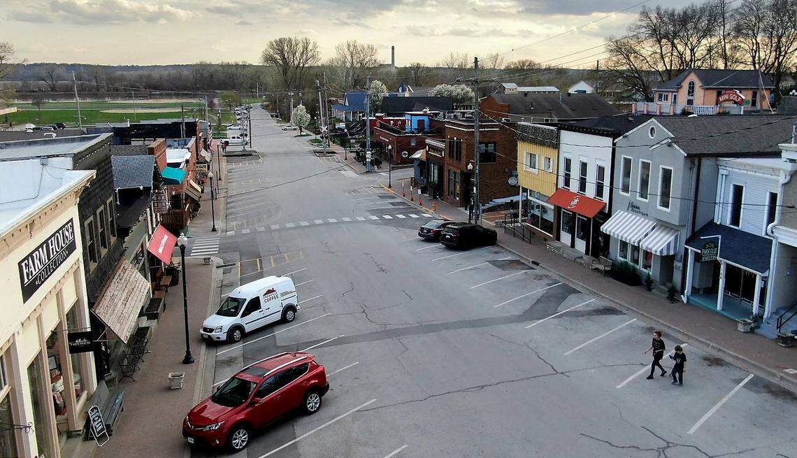 Main Street in downtown Parkville, where Tom Hutsler, Republican candidate for Missouri House District 12, is a prominent property owner.