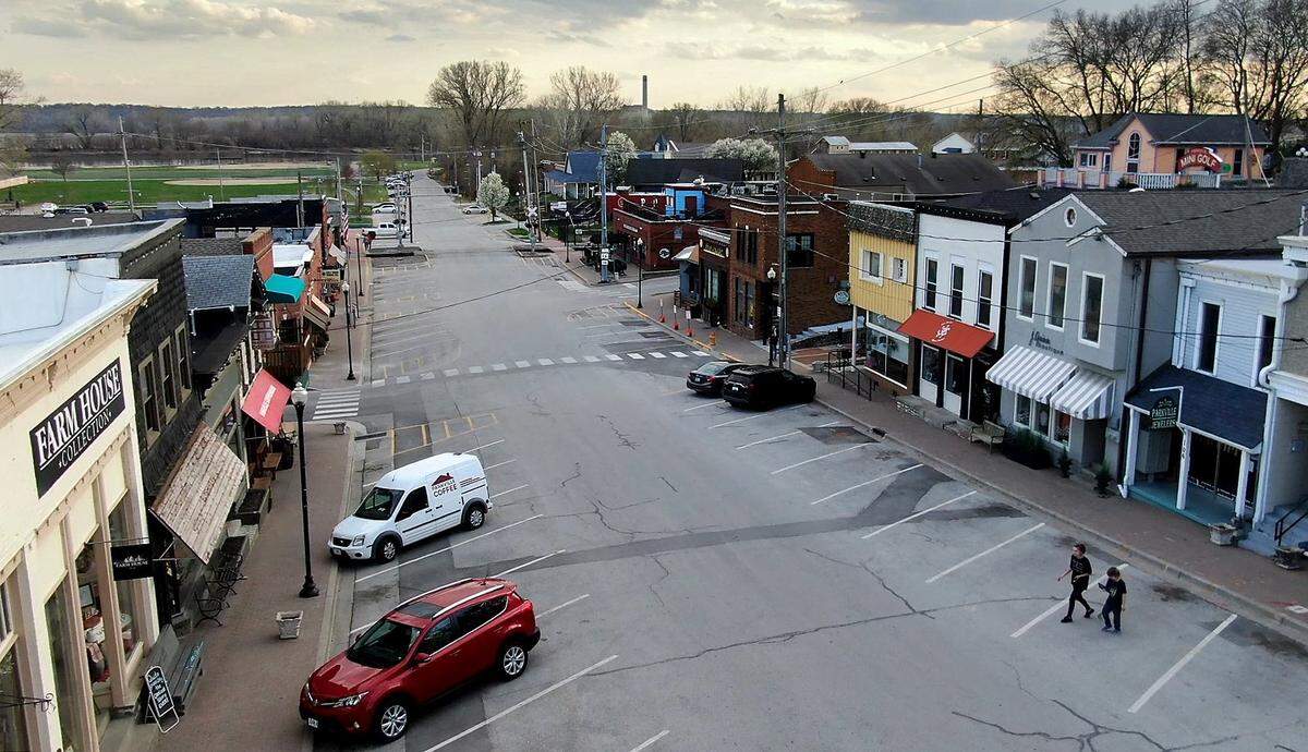 Main Street in downtown Parkville, where Tom Hutsler, Republican candidate for Missouri House District 12, is a prominent property owner. 