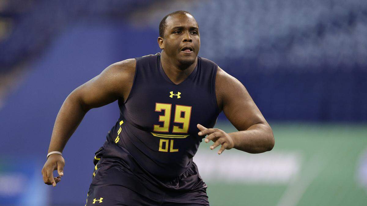 Offensive lineman Justin Senior runs a drill during the 2017 NFL Combine in Indianapolis. He attended as a top prospect out of Mississippi State.
