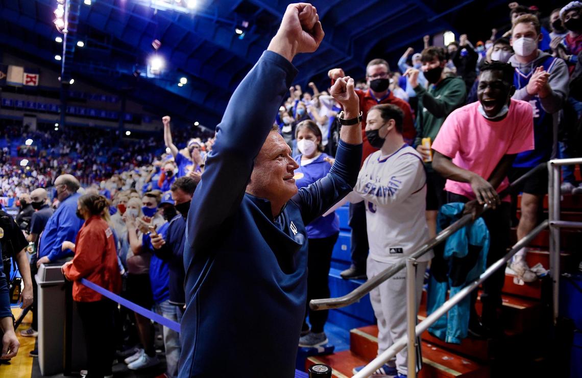 Kansas coach Bill Self gets a standing ovation as he exits the court after the Jayhawks took down Texas Tech, 94-91 in double overtime Monday night at Allen Fieldhouse.