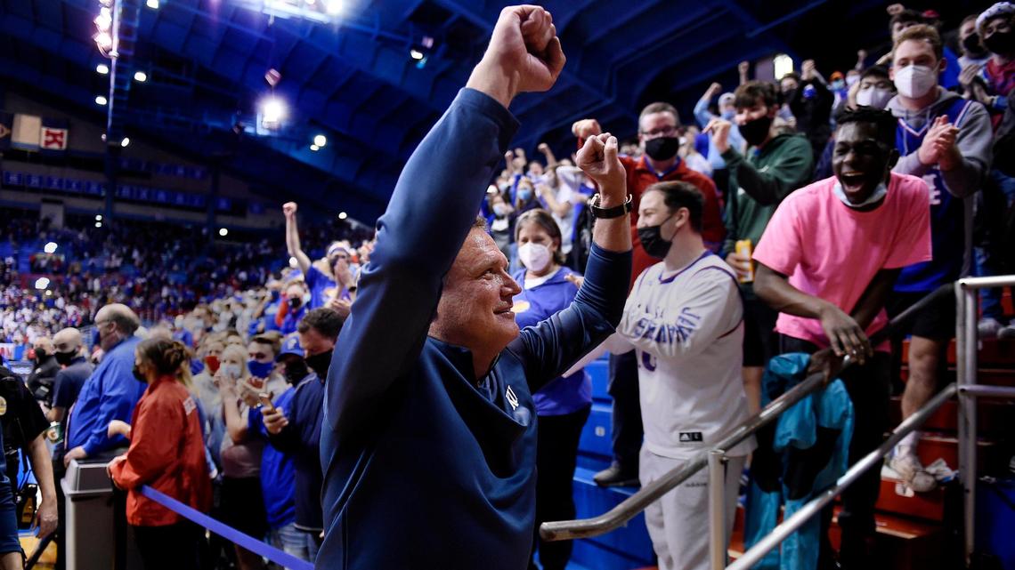 Kansas coach Bill Self gets a standing ovation as he exits the court after the Jayhawks took down Texas Tech, 94-91 in double overtime Monday night at Allen Fieldhouse.